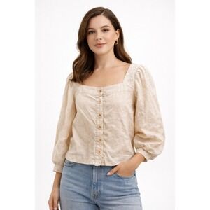 J.Crew Linen Square Neck Puff Sleeve Blouse Large Beige BG249 Button Front Top